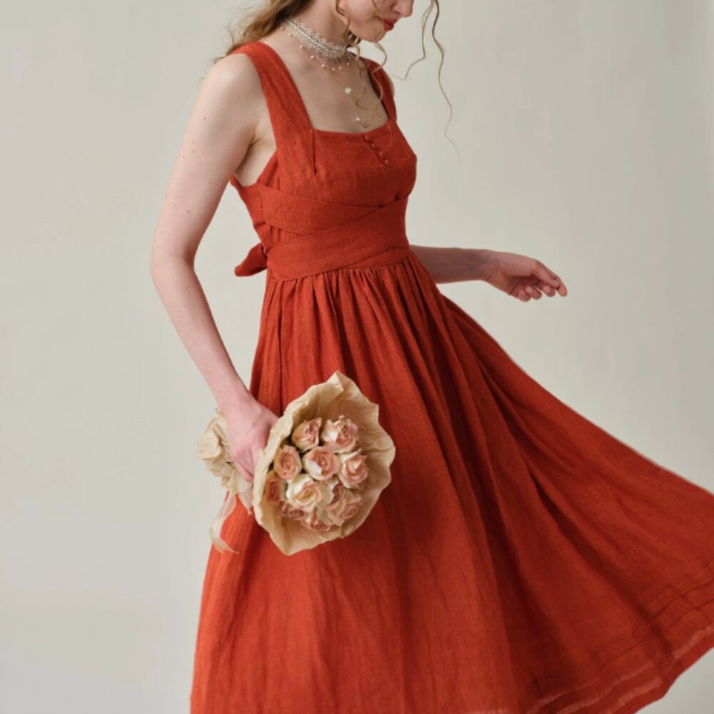 NWT Red (Discontinued) Cross back linen dress "Vetiver 23" by Linennaive - Small